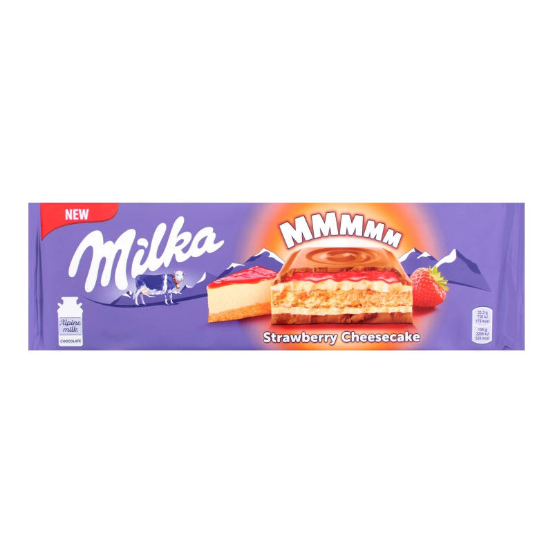 

Шоколад Milka Зі смаком чізкейка, полуничною начинкою та печивом.
