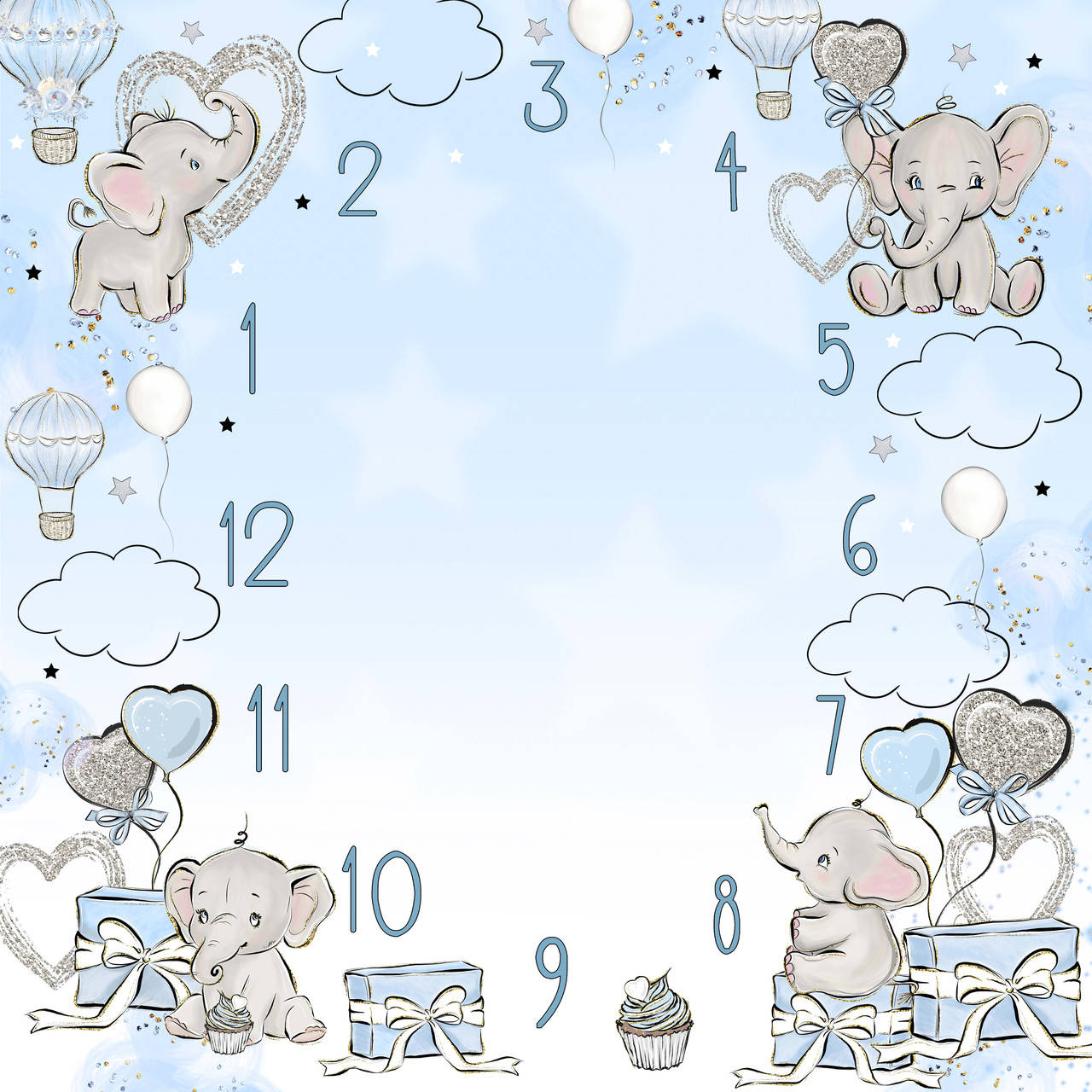 

Фотопеленка для первых фотосессий. Фотофон "Слоники голубые" 100х100 + указатель, Голубой