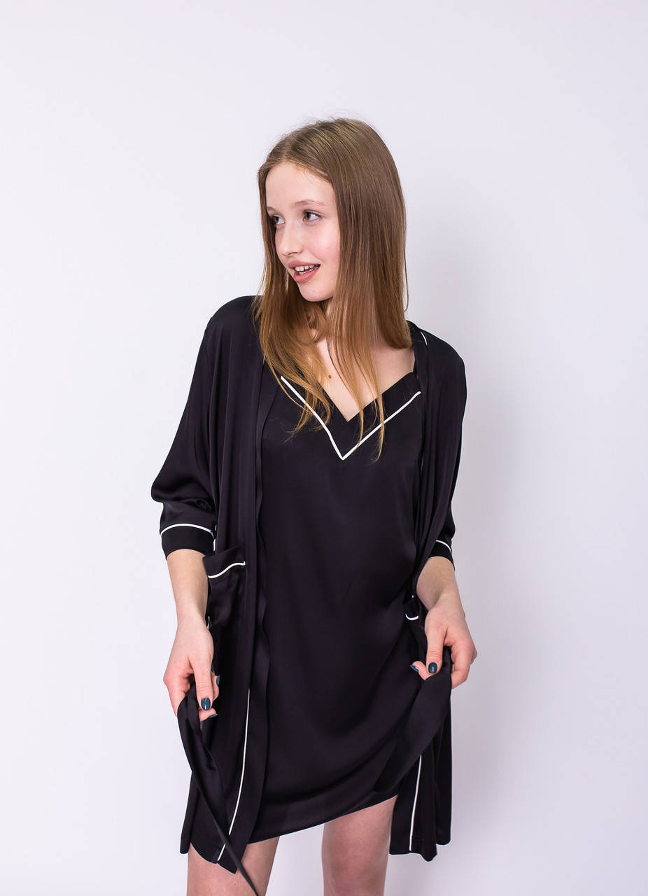 

Женский халат с карманами и сорочка Xs S M L XL Черный