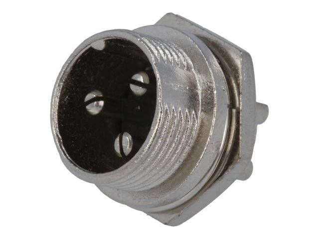 

GX16-3M (MIC333) M16 круглый 3-х контактный разъем на панель "папа"; 10A; 125V; IP55