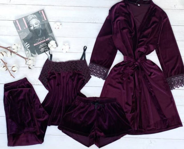 

Женская велюровая пижама 4в1 майка шорты штаны и халат БОРДОВЫЙ (пижамный комплект)