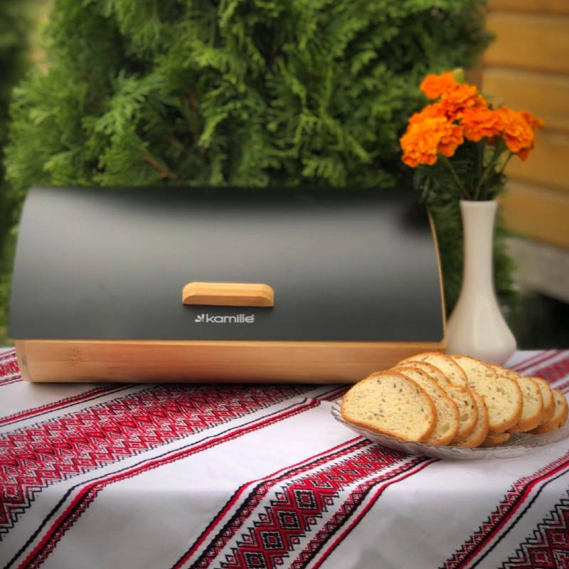 

Деревянная хлебница 35 см из бамбука с откидной крышкой из нержавеющей стали, Черный