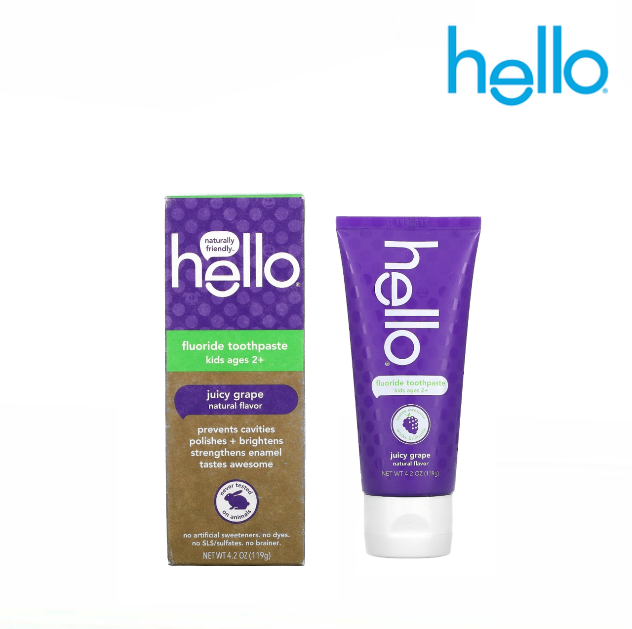 

Детская зубная паста Hello с фтором и ксилитом от 2-6 лет (вкус сочный виноград), 119 г