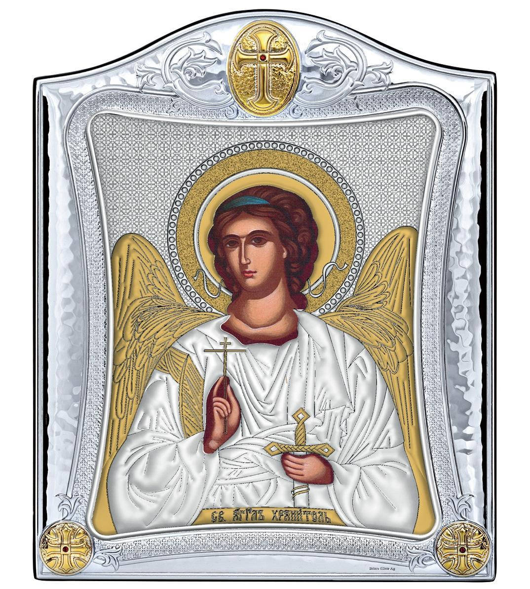 

Серебряная Икона Ангел Хранитель 20х25см в серебренной рамке украшена позолотой и белой эмалью