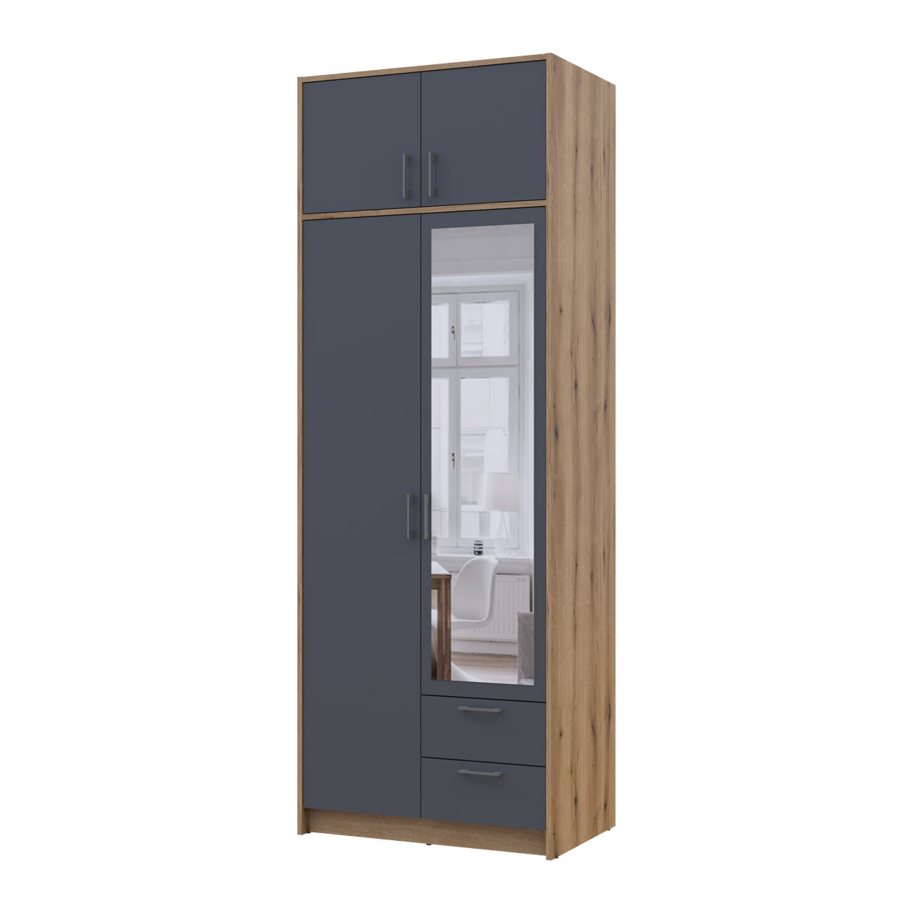 Розпашна Шафа для одягу Doros Ронді з антресолею та дзеркалом Дуб Артізан/Графіт 2ДСП 82х52х236 (80737810)