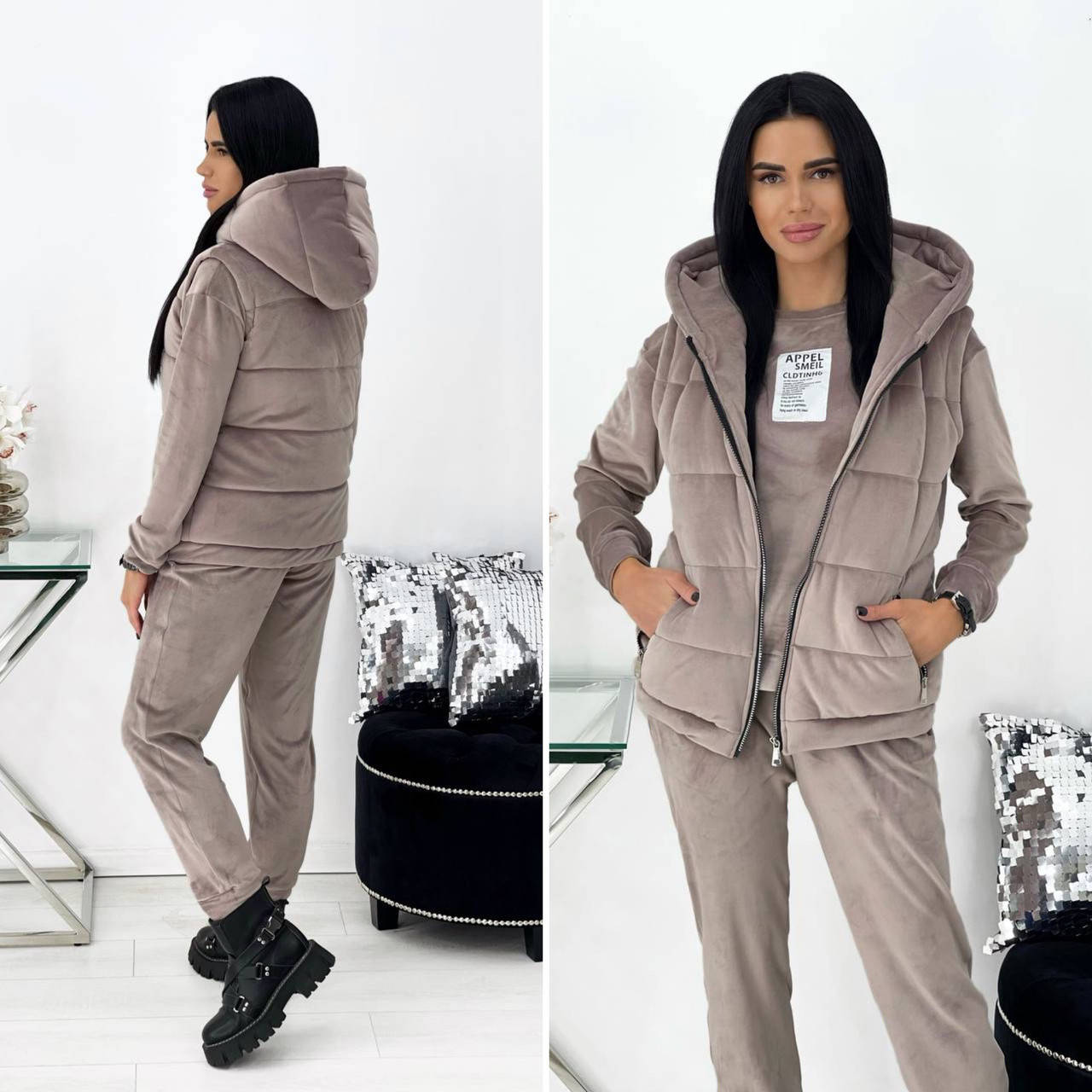 

Женский весенний спортивный костюм тройка (жилетка со свитшотом и штанами) из плюшевого велюра (разные цвета)