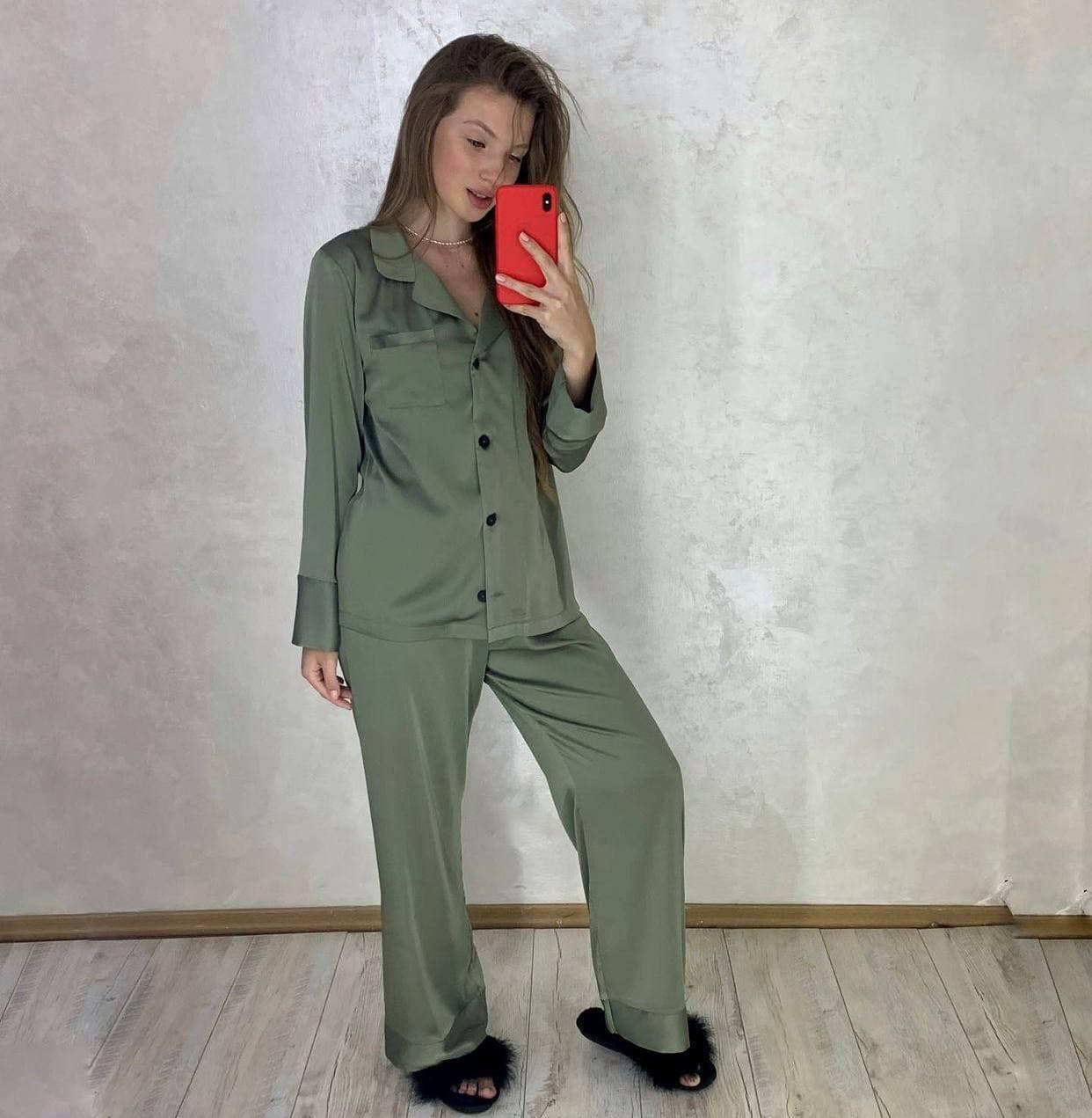 

Женская пижама сатин рубашка с длинным рукавом и штаны, размер S M L XL 44 -50