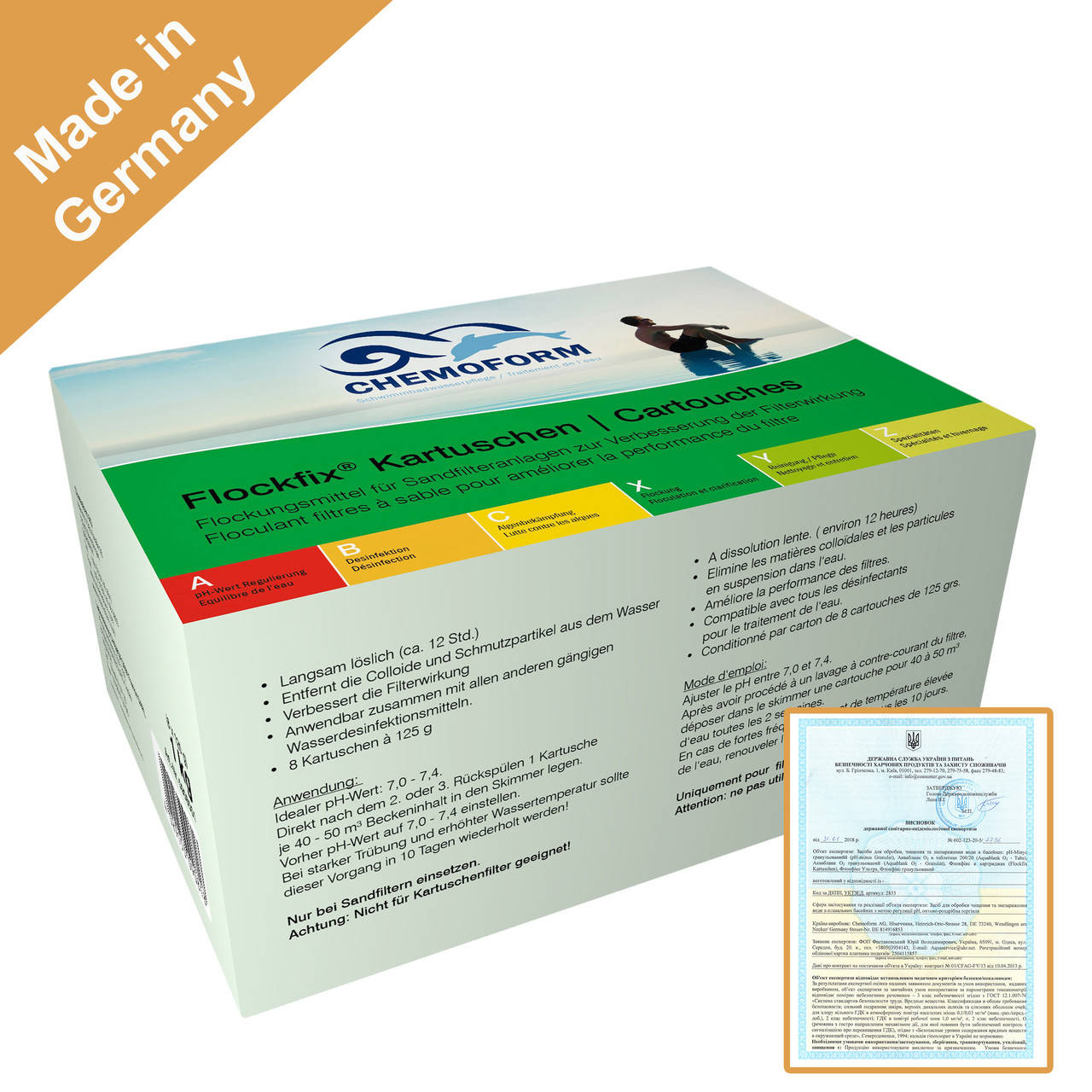 

Флокфикс в картушах Chemoform, 1 кг. Коагулянт – средство для устранения мутности в воде. Химия для бассейна