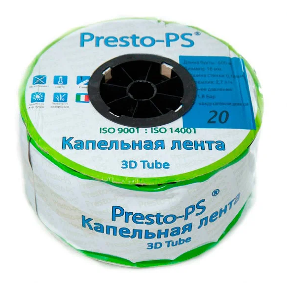 

Капельная лента 2,7л/ч ; 20см ; 500м с капельницами Presto-PS 3D Tube