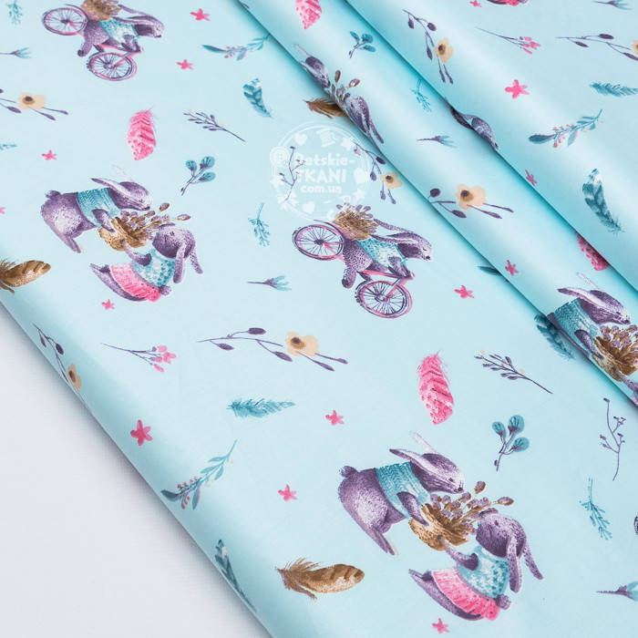 

Ткань сатин "Весенние зайчики на велосипеде" на бирюзовом фоне, №3638с, Разные цвета