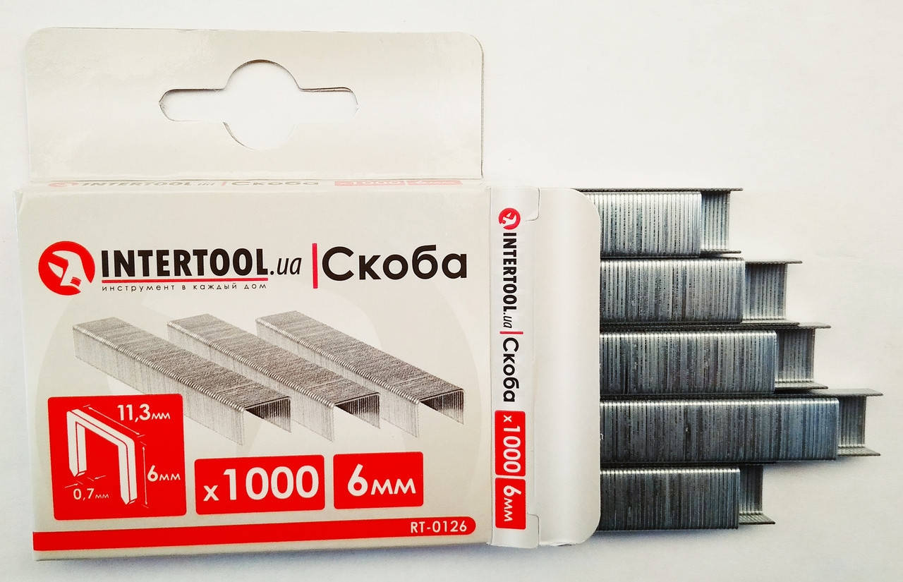 

Скобы для степлера 6 мм по дереву и дсп калёные (уп.1000 шт.) Intertool RT-0126
