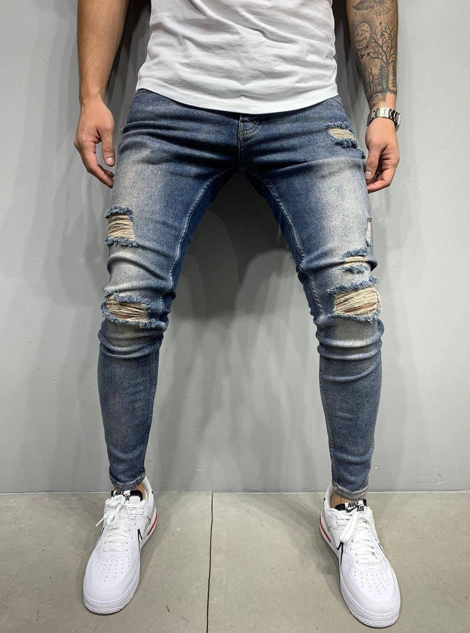 

Мужские рваные джинсы синего цвета (синие) узкачи, штаны зауженные к низу весна осень Турция