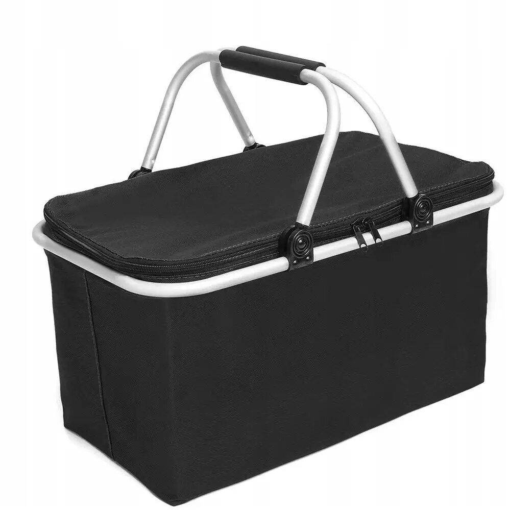 

​Термосумка для пикника, дорожная вместительная Термокорзина складная туристическая черная, Черный