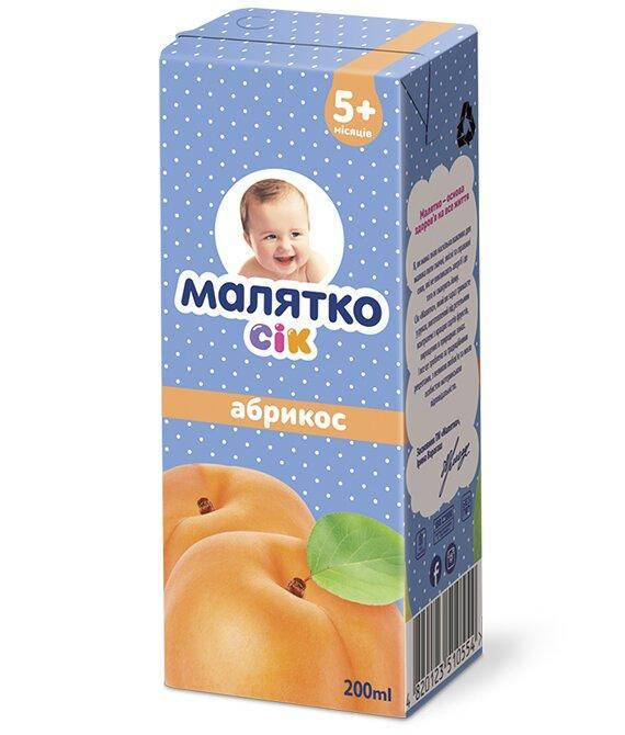 

Сок абрикосовый с мякотью и сахаром гомогенизированный Малятко 200мл