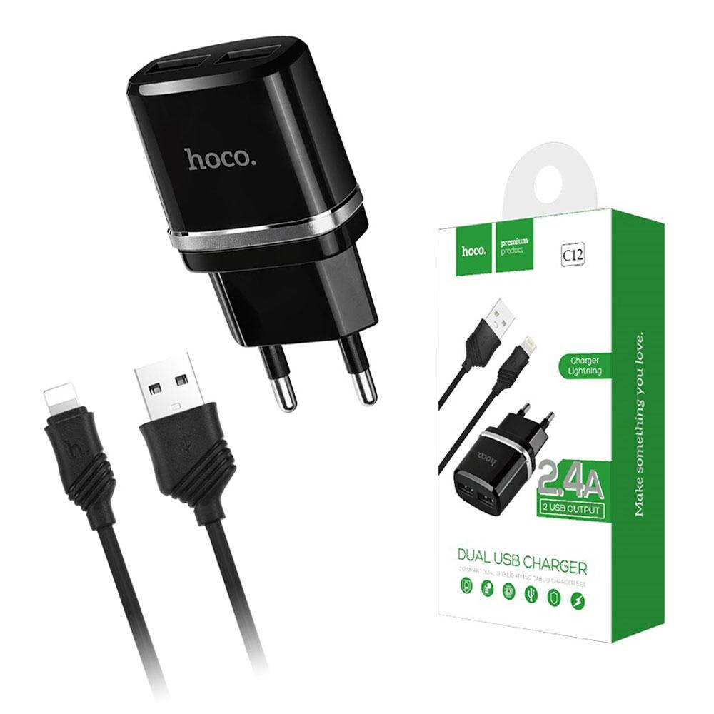 

СЗУ Hoco C12 2xUSB (2.4A) + кабель Apple Lightning, Черный