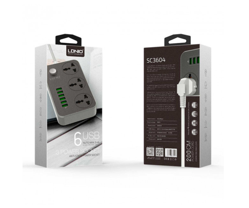 

Сетевой фильтр LDNIO SE3604, 6USB, 3 розетки, 1.6м