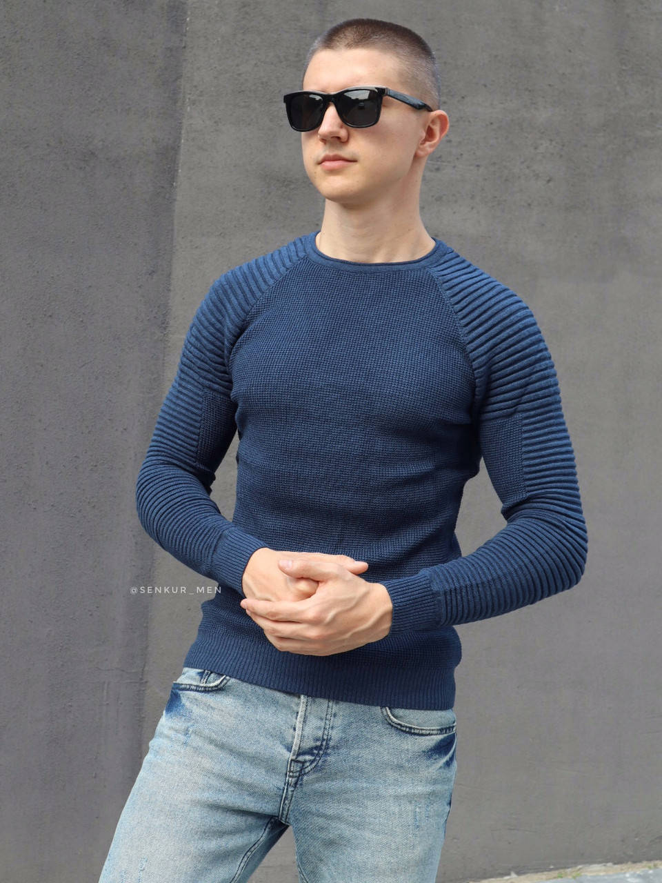 

Мужская кофта с рукавом в рубчик синяя Figo, Синий