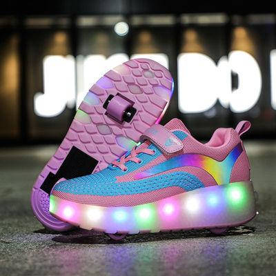 

Роликовые кроссовки на 2 роликах светящиеся, с лентой хамелеон, для девочек, розовые, USB (N460)