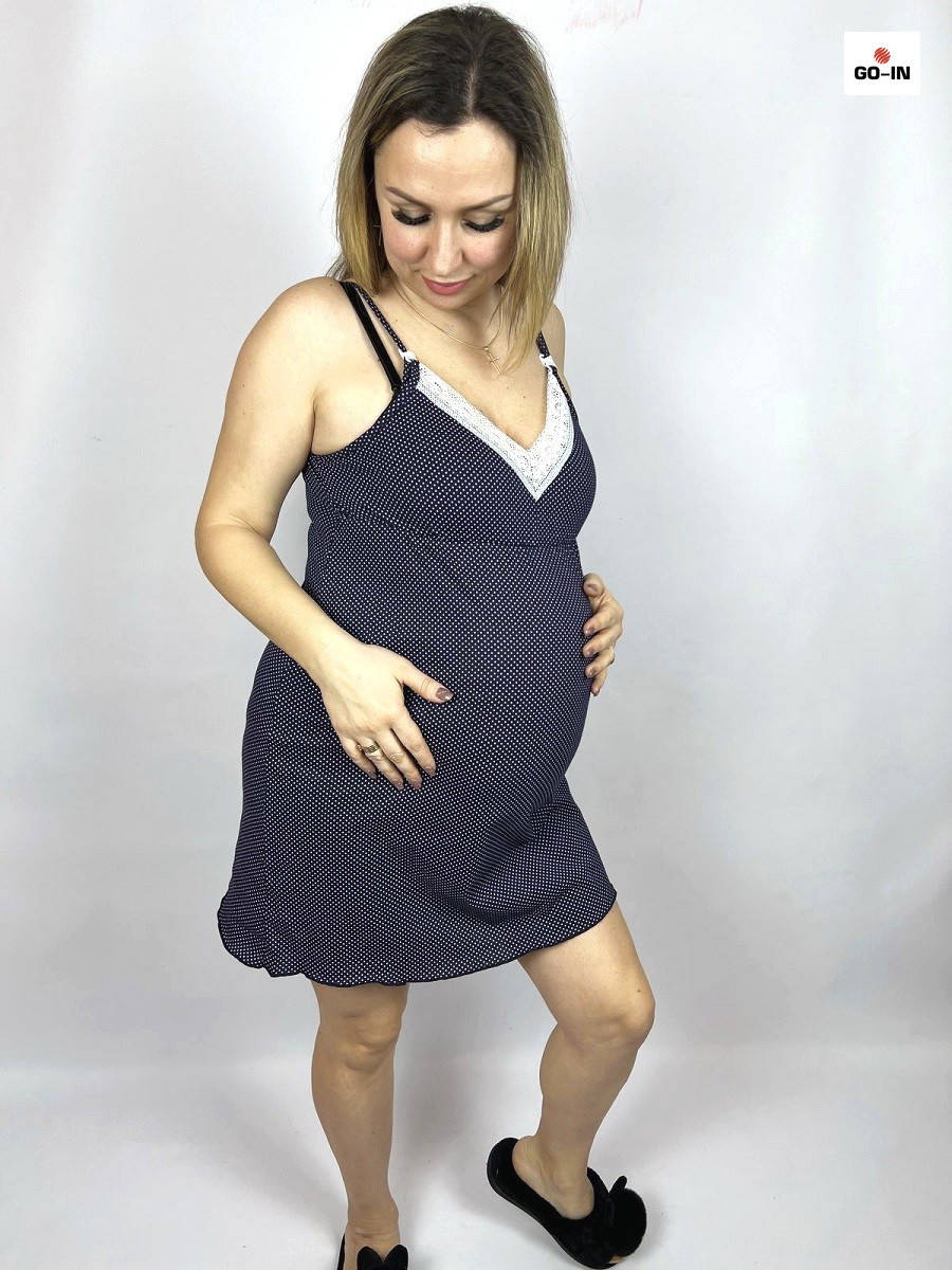 

Ночная рубашка для беременных и для кормящих мам на бретельках летняя в горошек синяя 44-54р., Синий