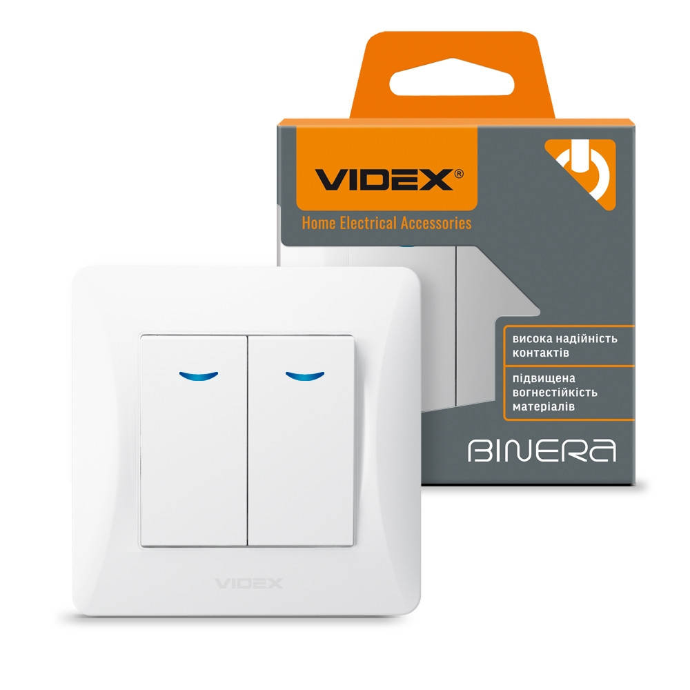 

VIDEX BINERA Выключатель двухклавишный с подсветкой белый VF-BNSW2L-W 24449
