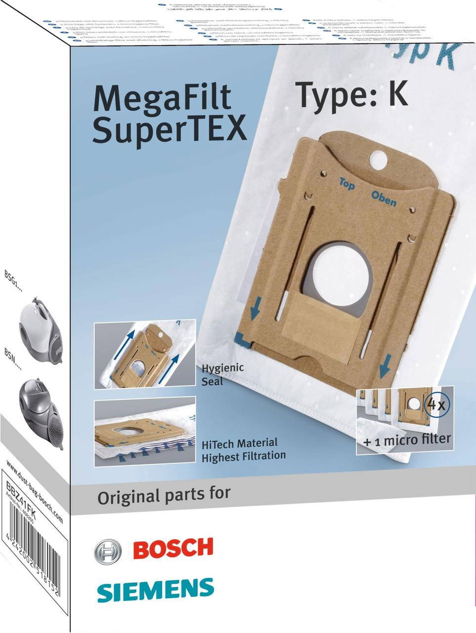 

Набор мешков микроволокно Type K + фильтр BBZ41FK для пылесоса Bosch, Siemens 00468265