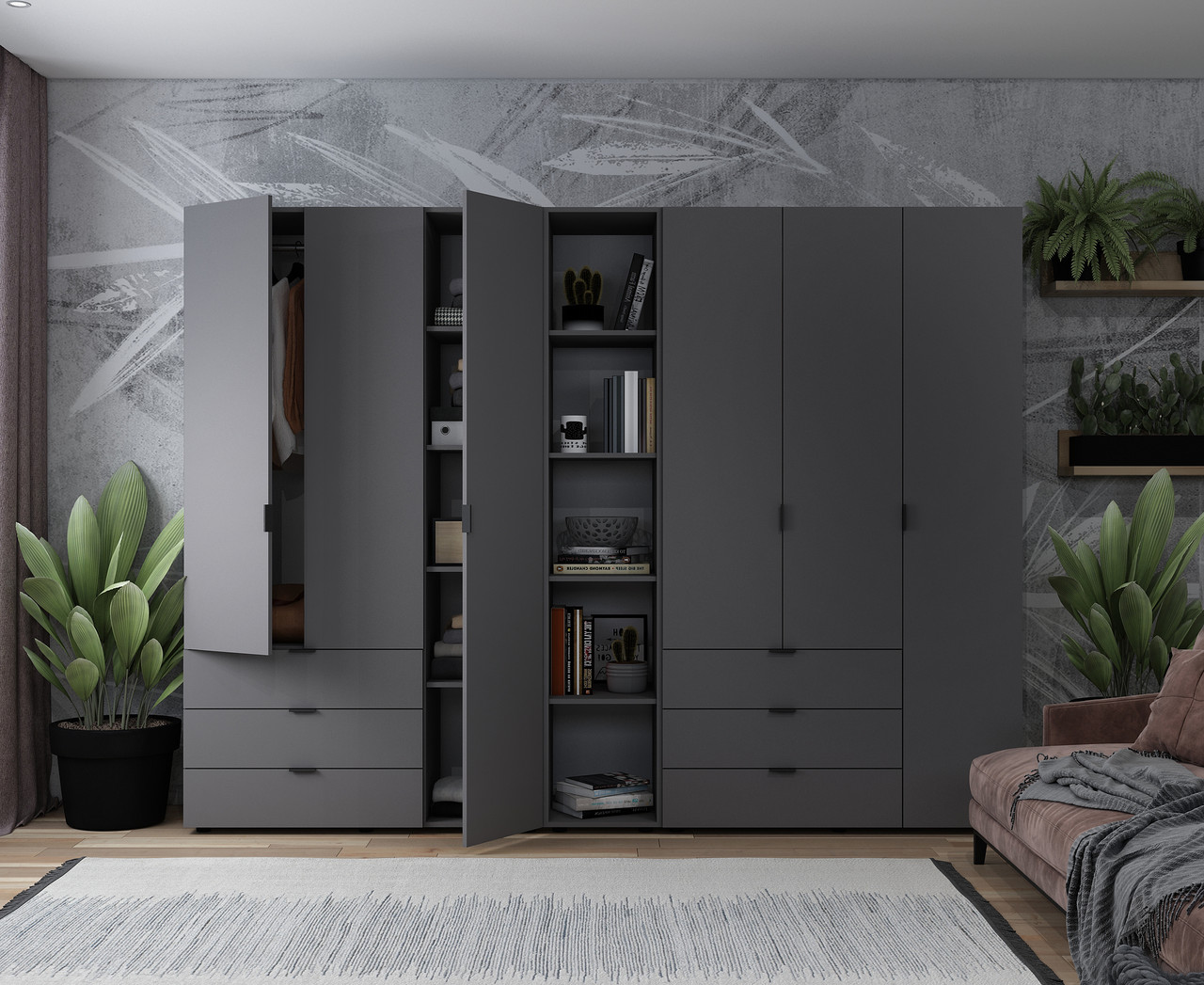 Комплект Doros Гелар з Етажеркою Графіт 3+3 ДСП 270.6х49.5х203.4 (42005061) 2