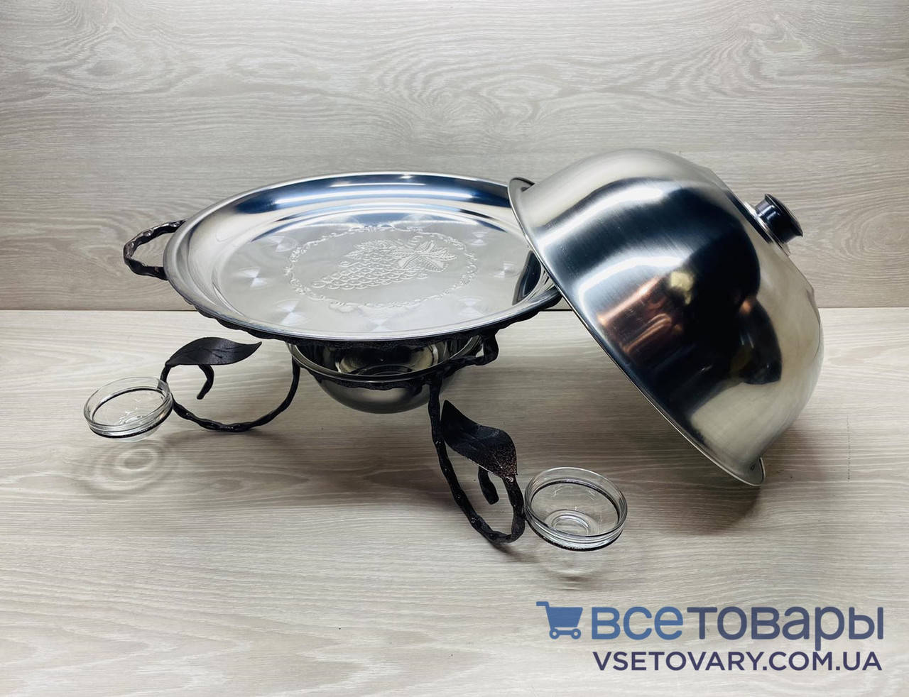 

Садж для подачи (подогрева) шашлыка 36 см. с соусницами + крышка, усиленный