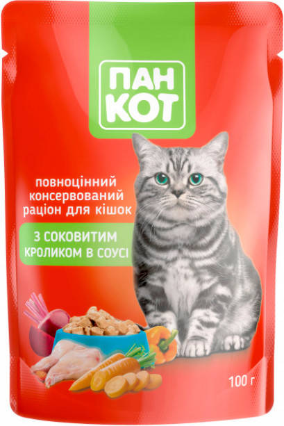 

Влажный корм для кошек Пан Кот сочный кролик в соусе 100 г