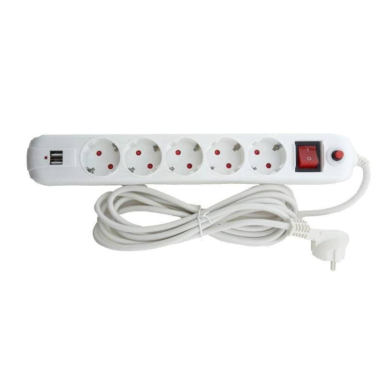 

Удлинитель 5 гнезд с заземлением, 3 м, 2USB, с кнопкой перегрузки и выключателем Белый