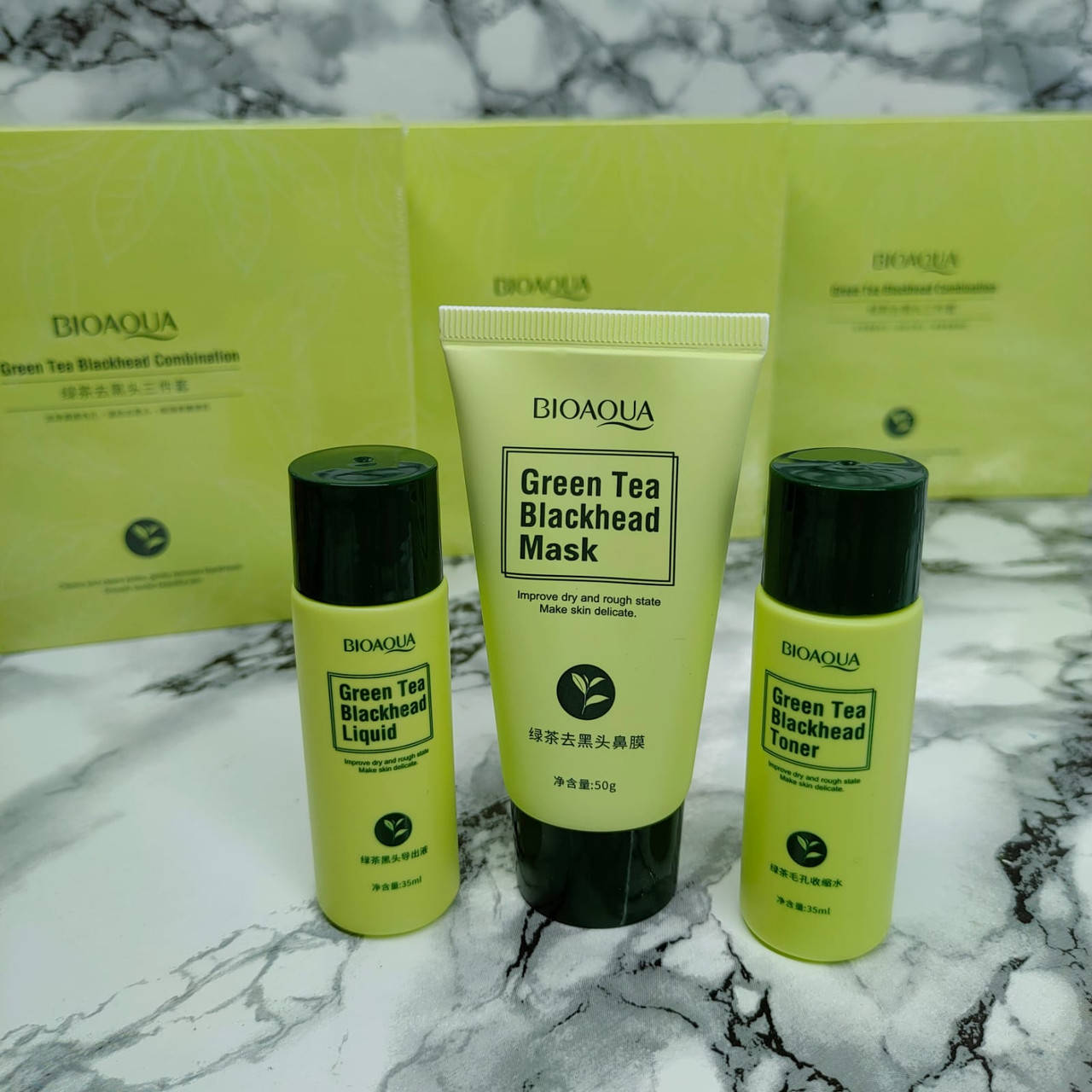 

Набор косметики по уходу за лицом от чёрных точек Bioaqua Green Tea Blackhead Combination с зелёным чаем