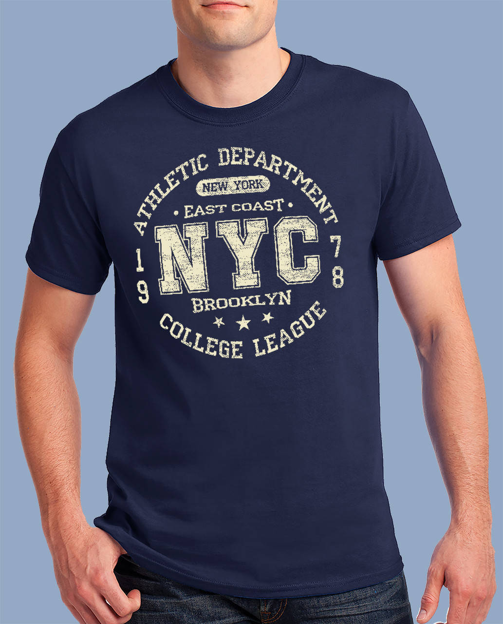 

Мужская футболка спортивная, хлопковая с принтом «NYC-ATLETIC» темно-синяя