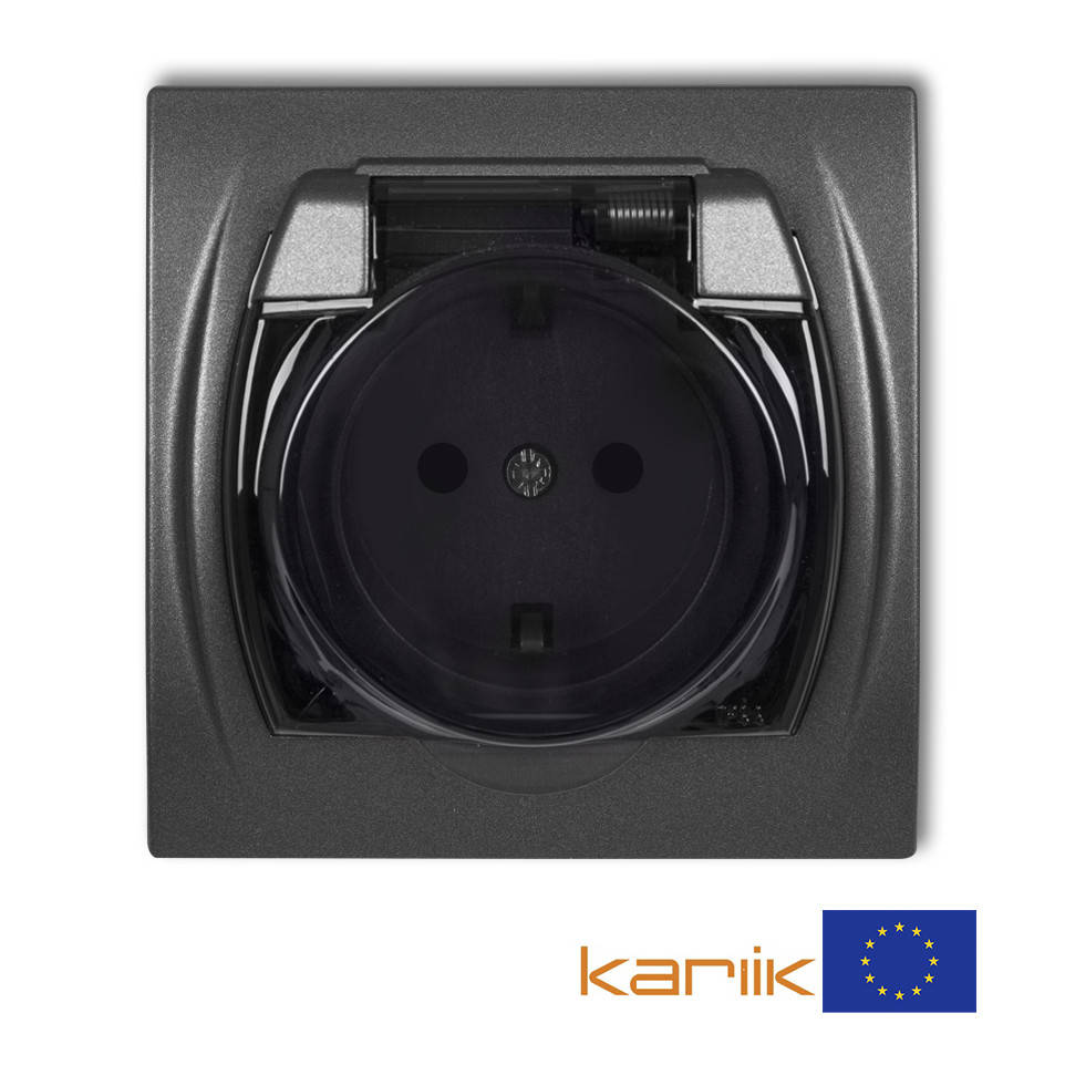 

Розетка IP44 Karlik LOGO 1LGPB-1sdp графитовая с заземлением крышкой дымчатой шторками внутренняя 16А 250В