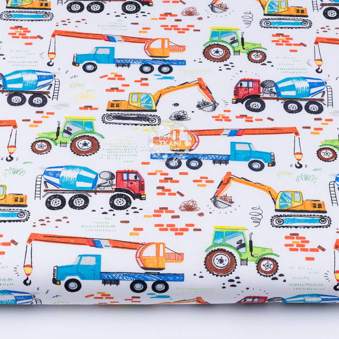 

Ткань бязь "Краны, бетономешалки и кирпичики" на белом фоне (№3411а), Разные цвета