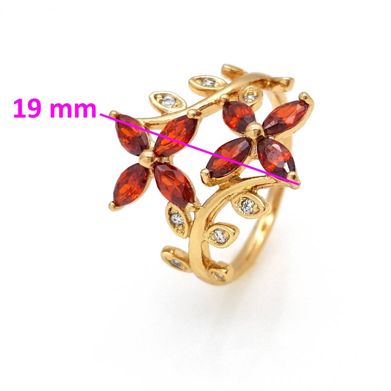 

Кольцо позолоченное, два Цветка с красным цирконием, p. 17, р. 18, 18К