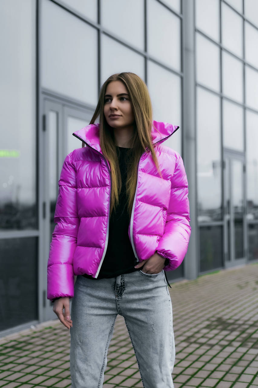 

Женская короткая фиолетовая куртка Оверсайз стеганый осенний пуховик M/L, Розовый