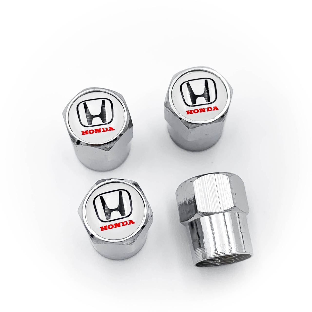 

Защитные колпачки на ниппеля HONDA (Хонда) 4 шт Белый фон Красная надпись Хром