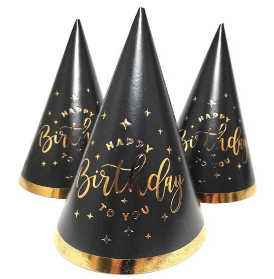 

Колпачок праздничный с тиснением "Happy Birthday золото на чёрном", 10 шт/уп