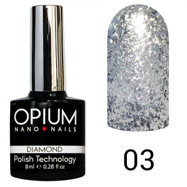 

Гель-лак Opium №3 серии Diamond 8 мл серебро с эффектом жидкой фольги