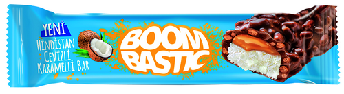 

БАТОНЧИК «BOOMBASTIC» С КАРАМЕЛЬЮ, КОКОСОМ И ХРУСТЯЩИМ РИСОМ В МОЛОЧНОМ ШОКОЛАДЕ