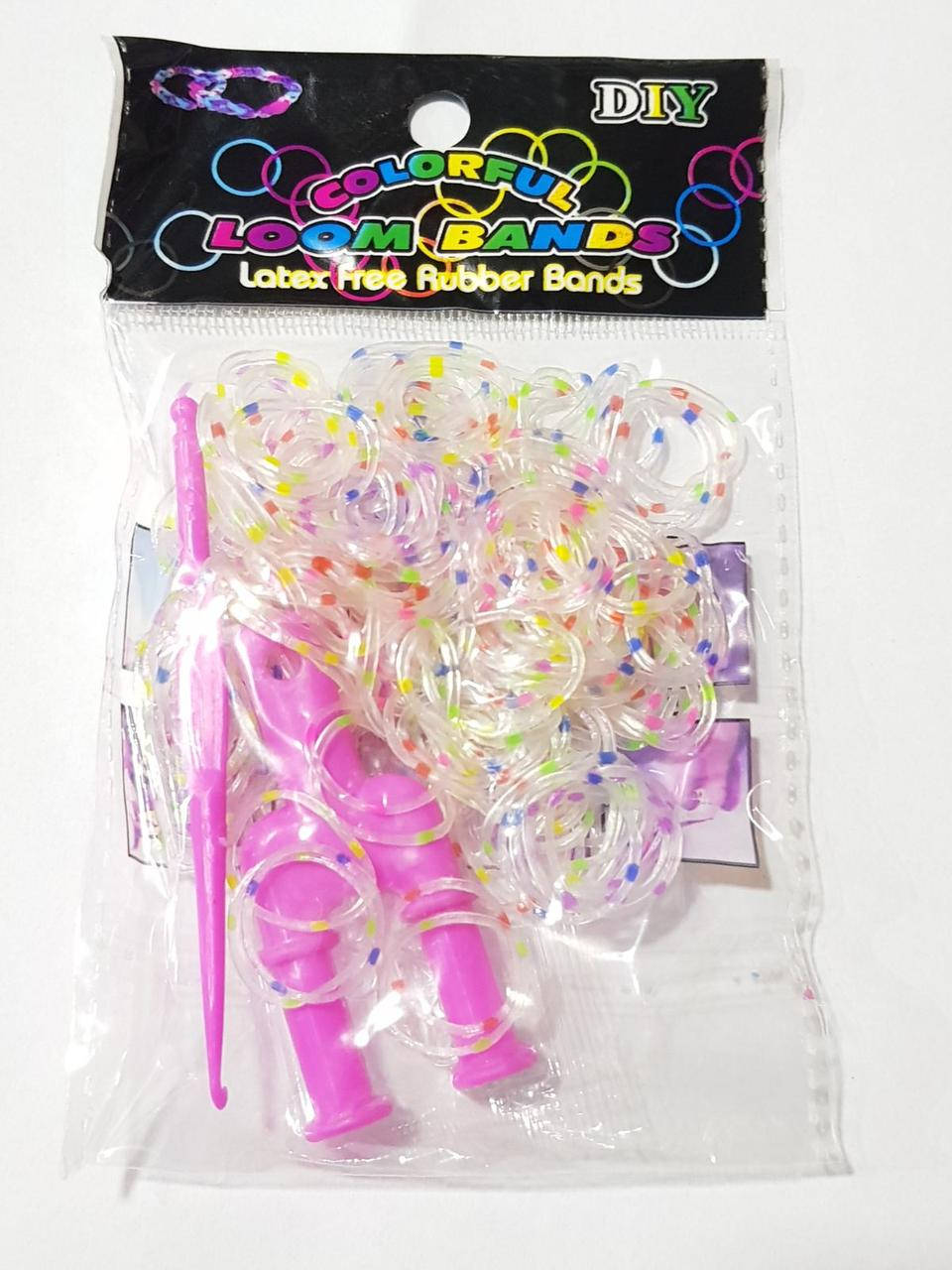 

Резинки для плетения браслетов Loom Bands прозрачные с разноцетными точками 200шт с рогаткой