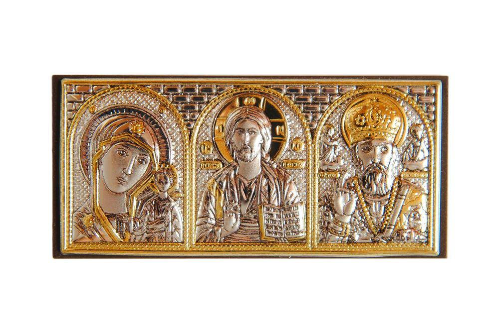 

Серебряная икона в машину Триптих Казанская, Иисус, Николай 3,5x7,5 см