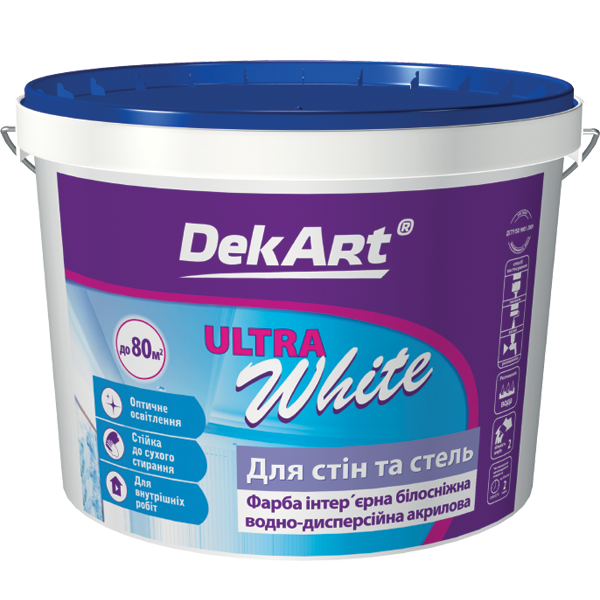 

Краска интерьерная для стен и потолков белоснежная "Ultra White" DekArt 6,3 кг, Белый