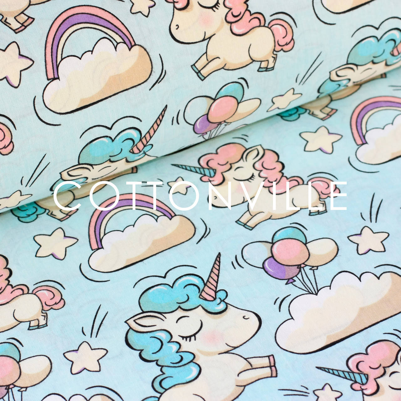 

✁ Отрезы бязи Единороги в облаках мятный фон