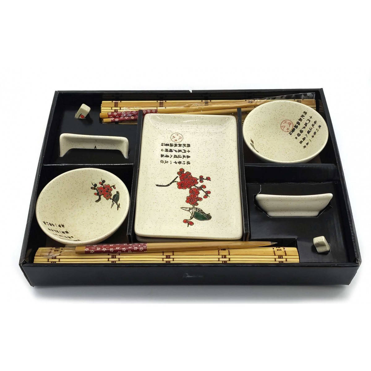 

Сервиз для суши "Белая сакура а красном фоне" (2 персоны)(39х27,5х5,5 см) Птица на ветке сакуры