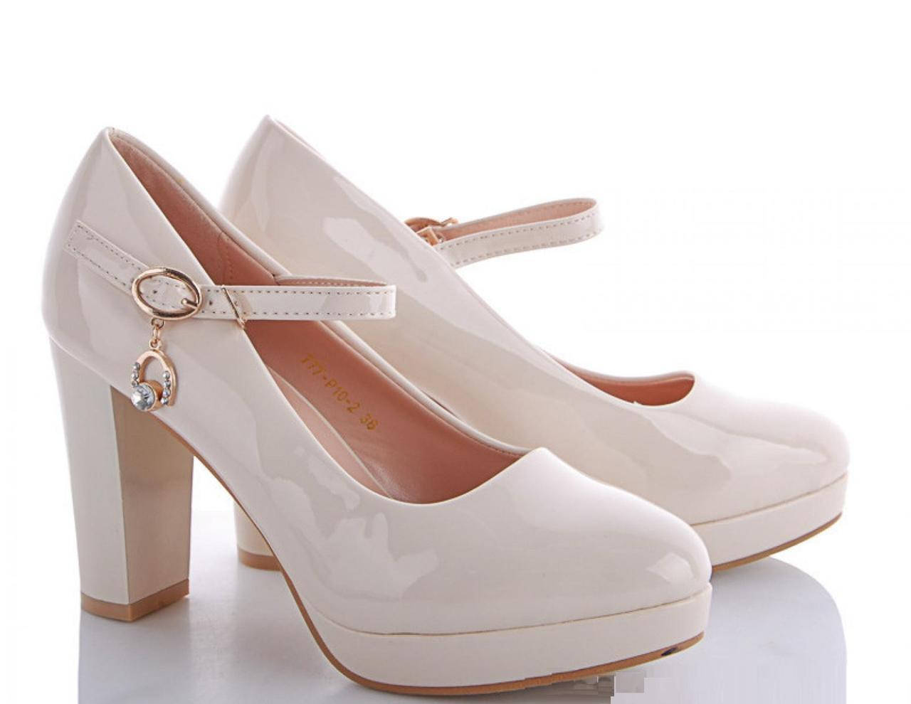 

Женские бежевые туфли средний устойчивый каблук ремешок 37 38 39, Бежевый