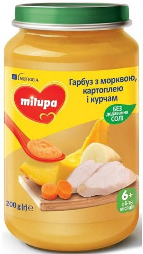 

Milupa Пюре мясо-овощное Тыква, морковь, картофель с цыпленком 6м+ (200г)