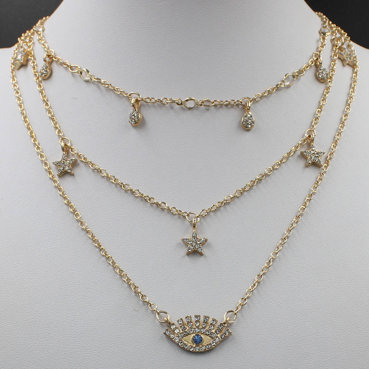 

Колье женское многослойное цепь цепочки звездочки кристалы Swarovski кулон глаз фатимы золотой 3ряда от сглаза