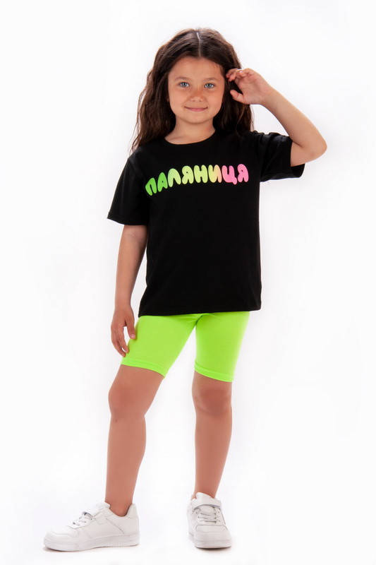 

Комплект для девочки велосипедки и футболка / Летний костюм на рост: 98-128 122, ярко-салатовый-чёрный, Разные цвета