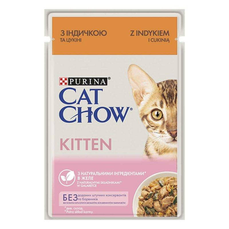 

Влажный Корм Cat Chow Нежные кусочки с индейкой и цукини в желе для котят 26x85г