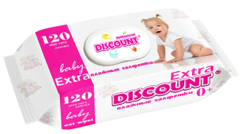 

Влажные салфетки Discount Extra с пластиковой крышкой для детей с экстрактом алоэ вера, 120 шт.
